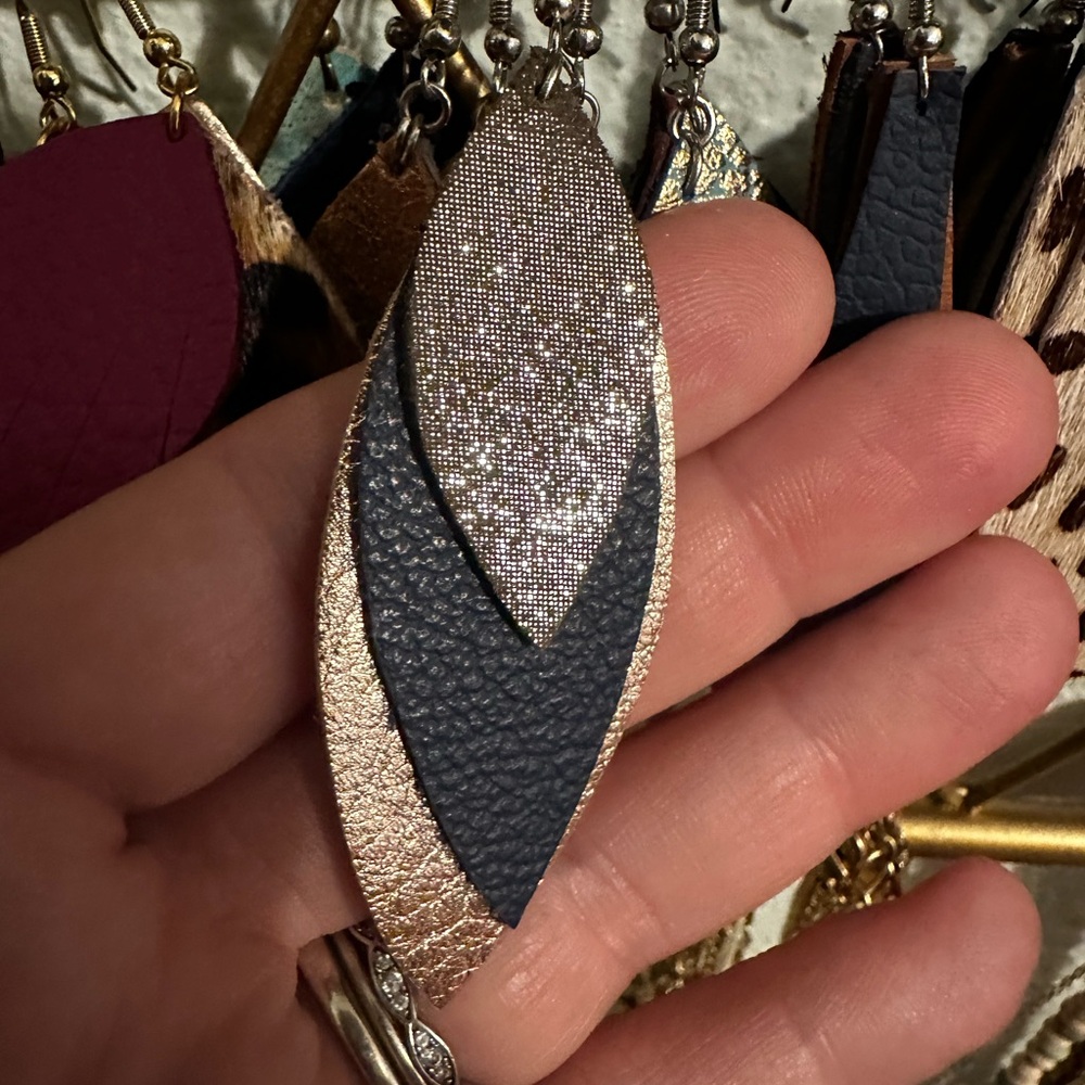 Metallic Brown, Navy and Rose Gold Layered Teardrop Earrings